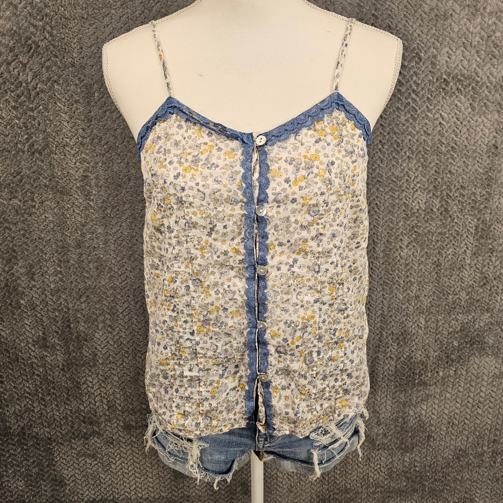 Rachel Ashwell Y2K Floral Cotton Camisole Top Blue Lace Trim Button Front Small